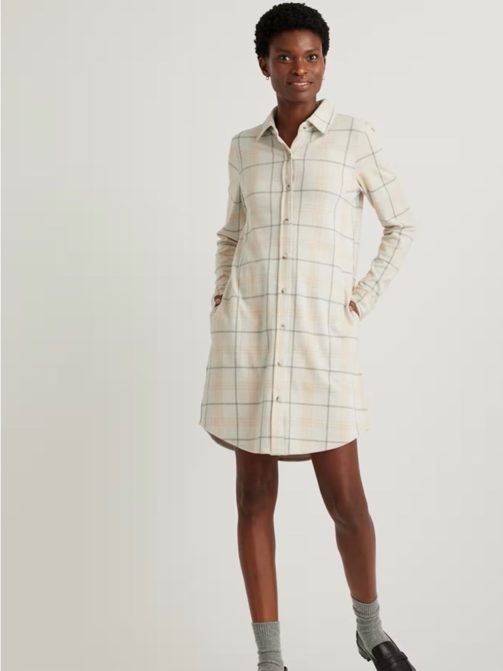 Quince Soft Plaid Shirt Dress - Cream & Light Peach